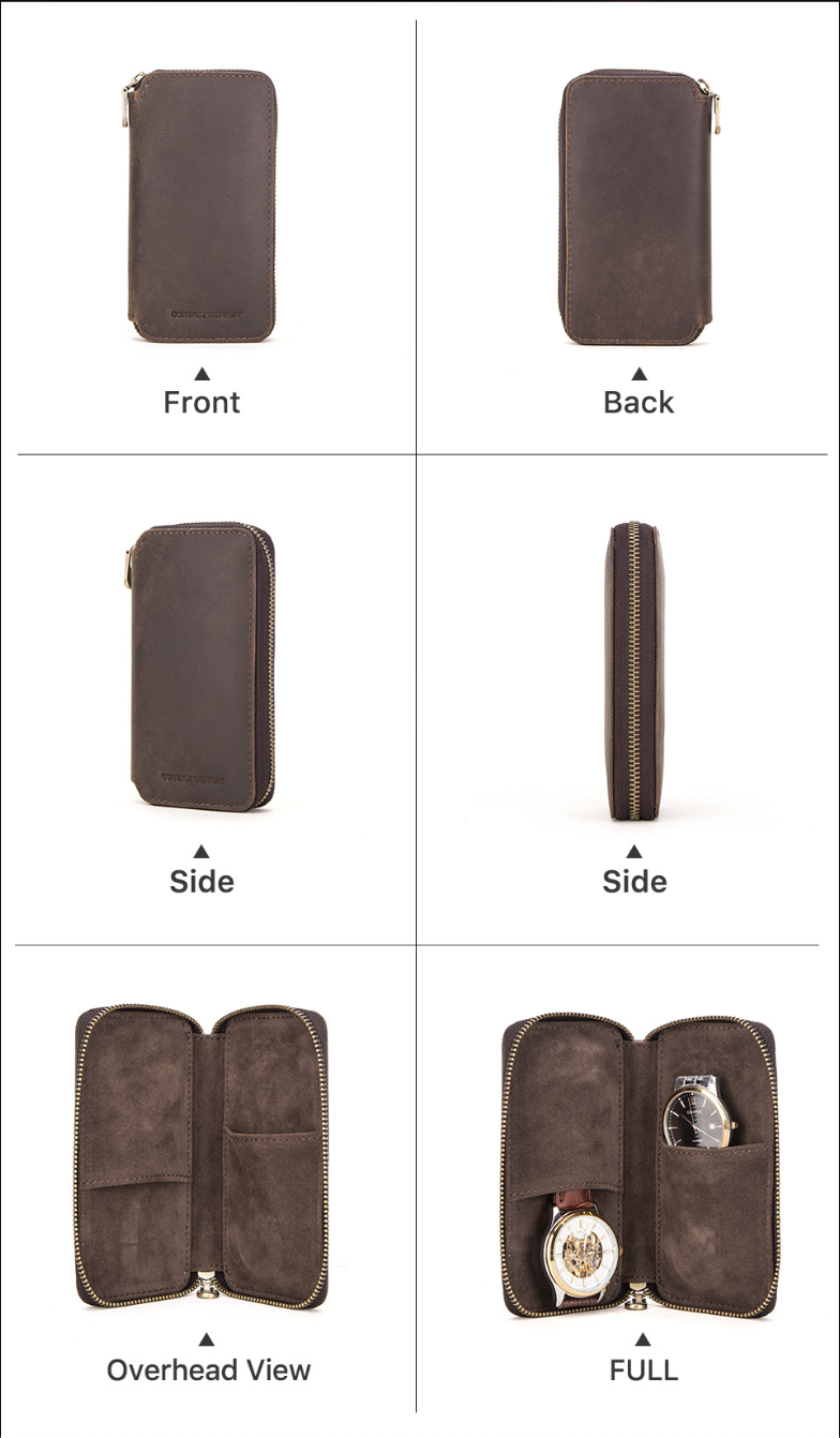 Luxury Travel Watch Storage Leather Pouch with Zipper