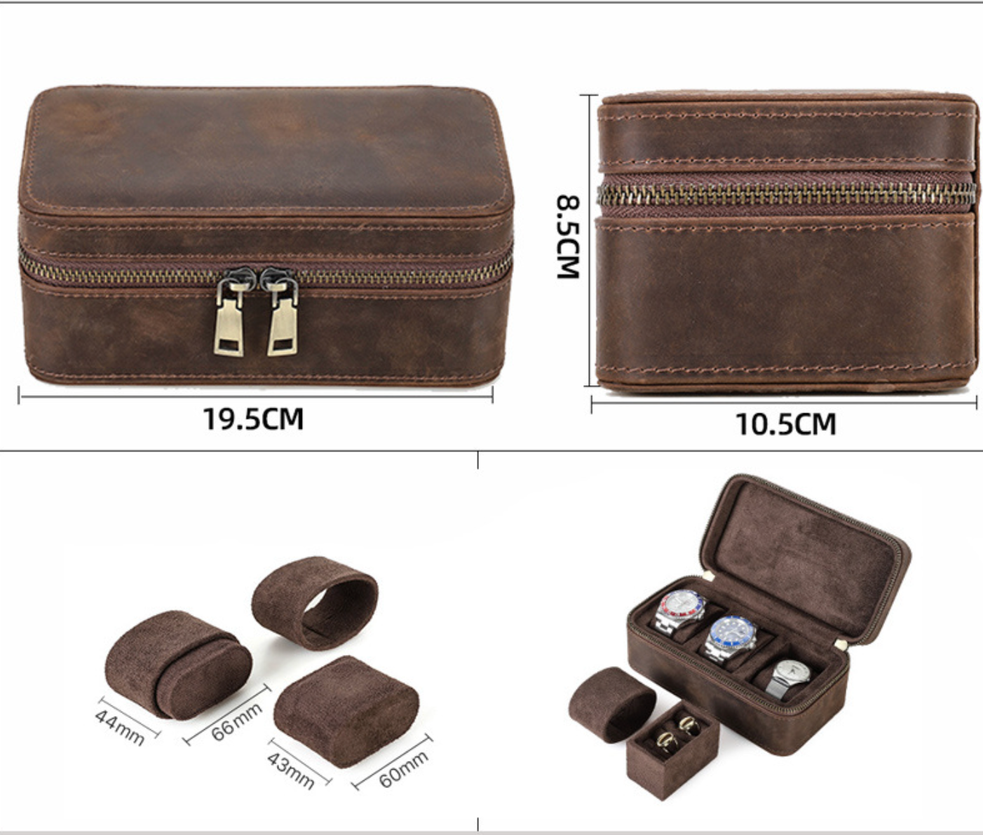 Mens Leather Watch Box for Travel 3 Slots