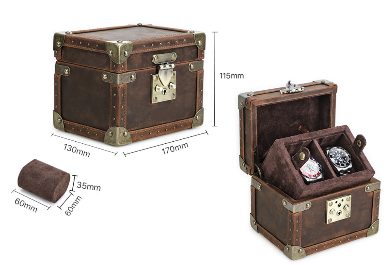 Brown Leather Watch Box for Men 2 Slot Display Case