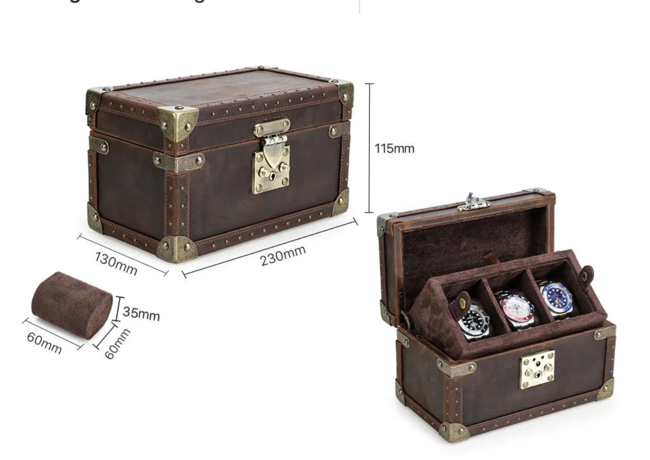Men's Luxury Leather Watch Display Box with 3 Slot Organizer