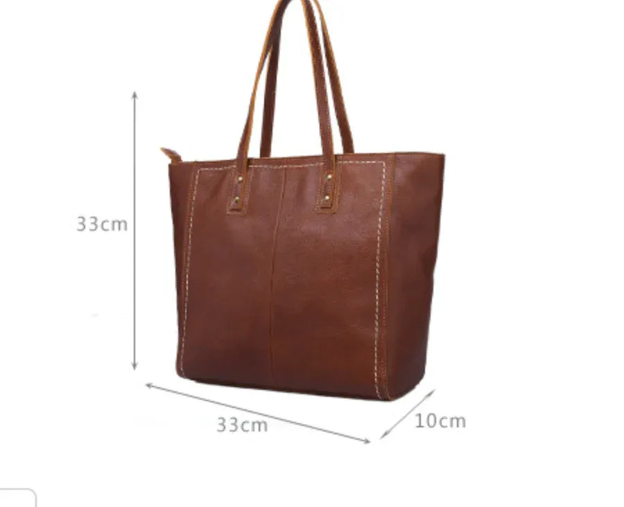 Brown Leather Tote Bag with Laptop Compartment for Women