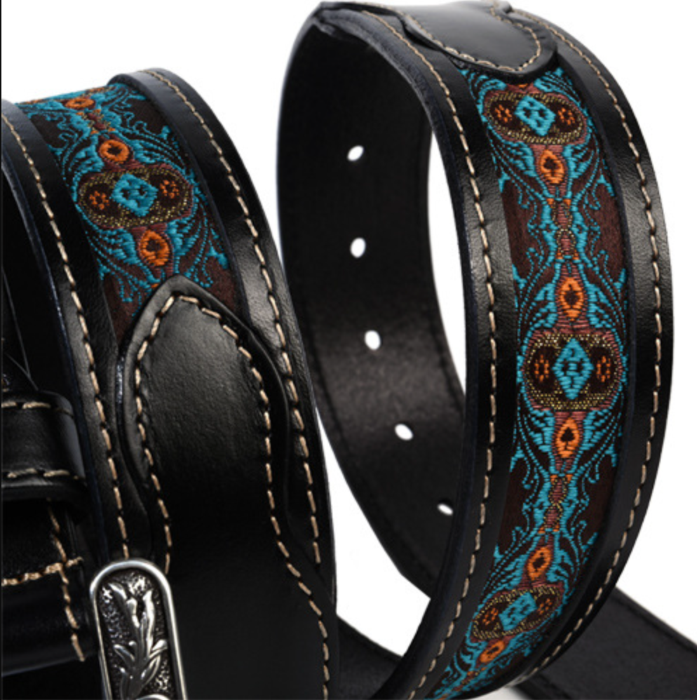 Genuine Leather Belt with Retro Carved Buckle and Ethnic Ribbon