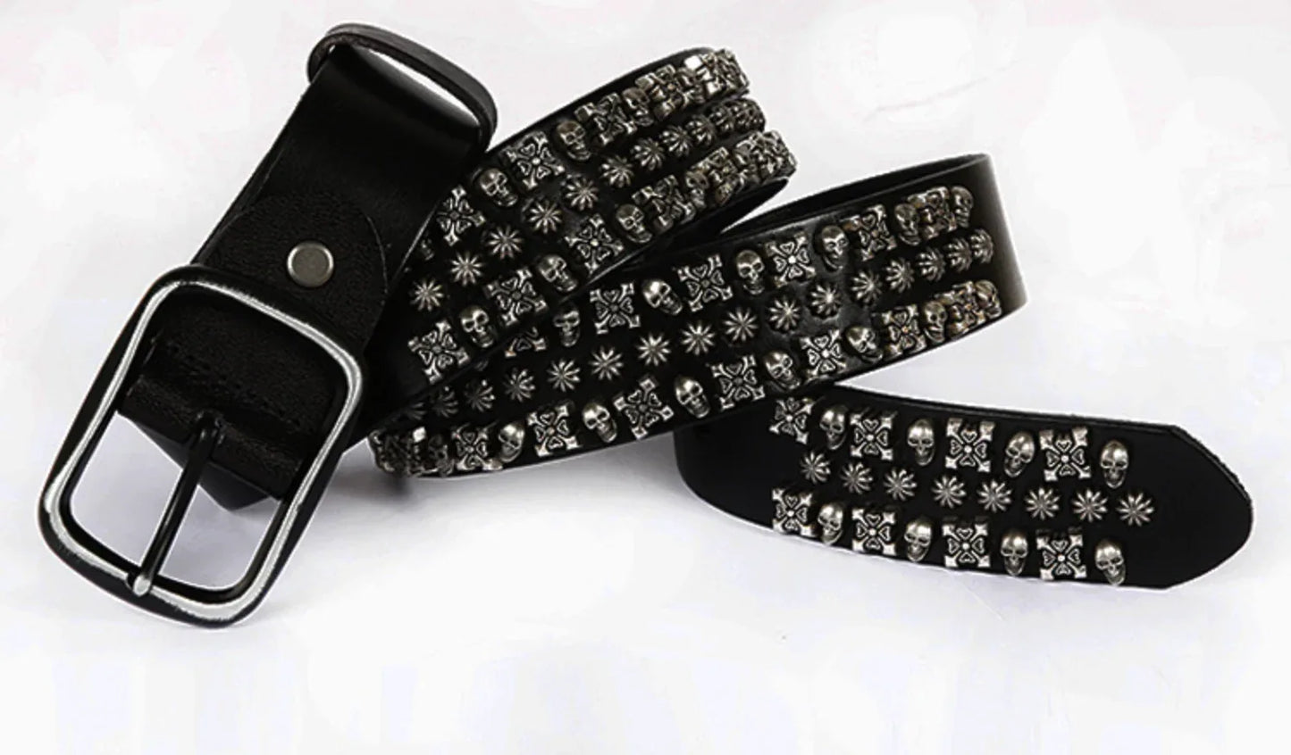 Leather Punk Belt with Skull Rivets Studded