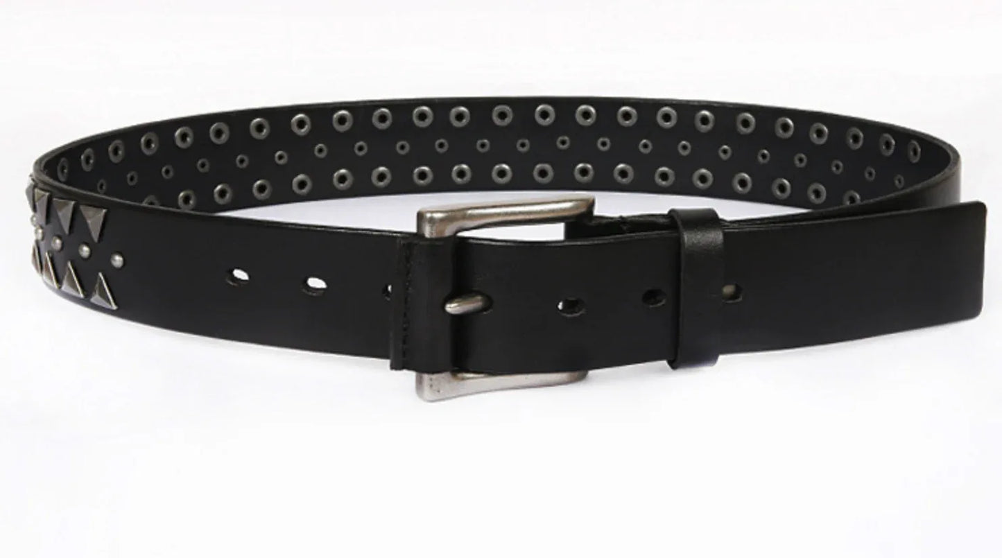 Black Genuine Leather Punk Belt with Rivets