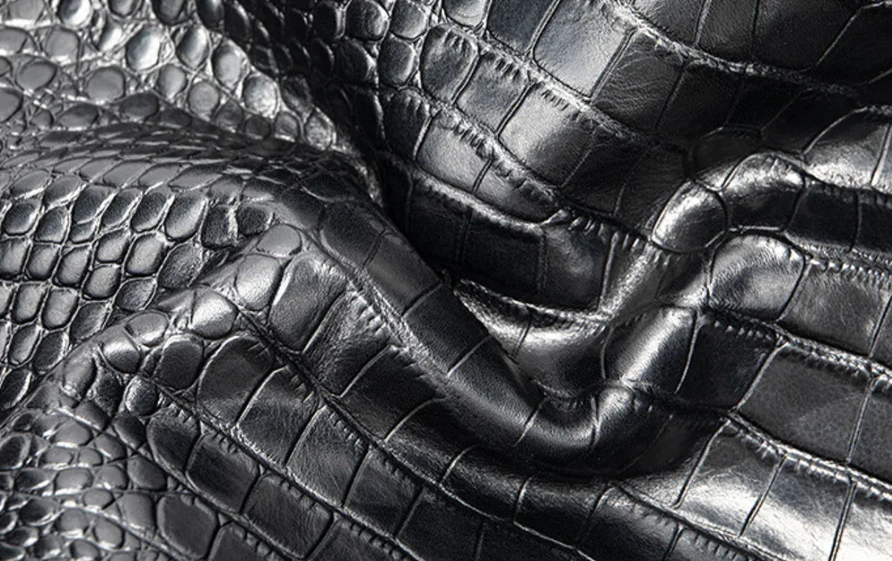 Black Leather Cylindrical Tote Shoulder Bag Crocodile Pattern