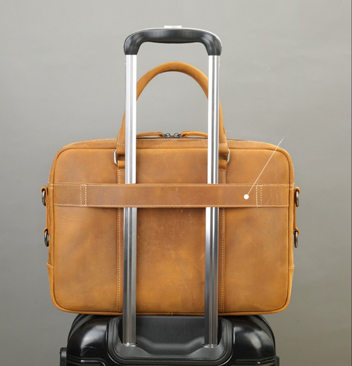 Genuine Leather Office Bag with Trolley Sleeve for Men