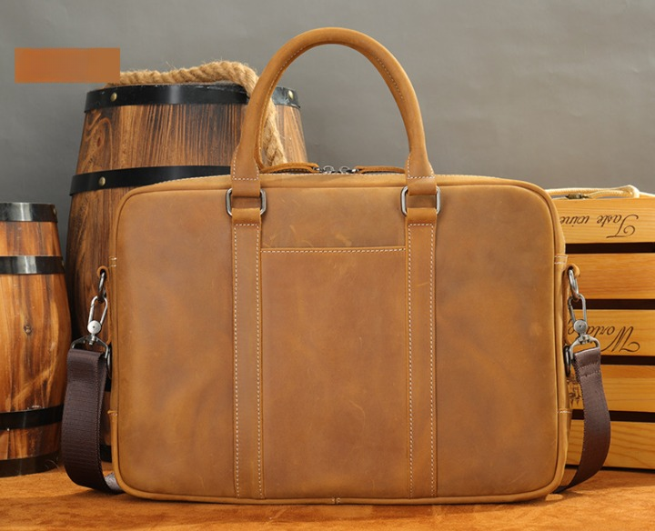 Genuine Leather Office Bag with Trolley Sleeve for Men