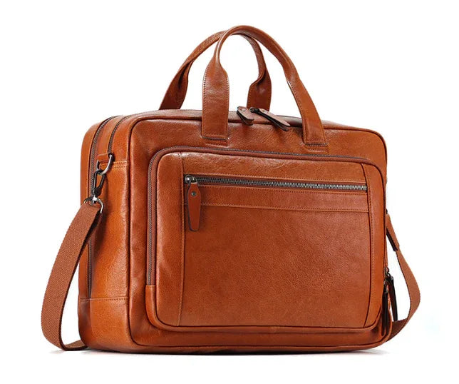Men Leather Briefcase Office Bag with Trolley Sleeve