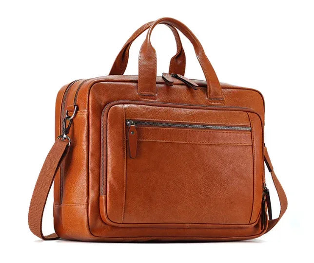 Men Leather Briefcase Office Bag with Trolley Sleeve