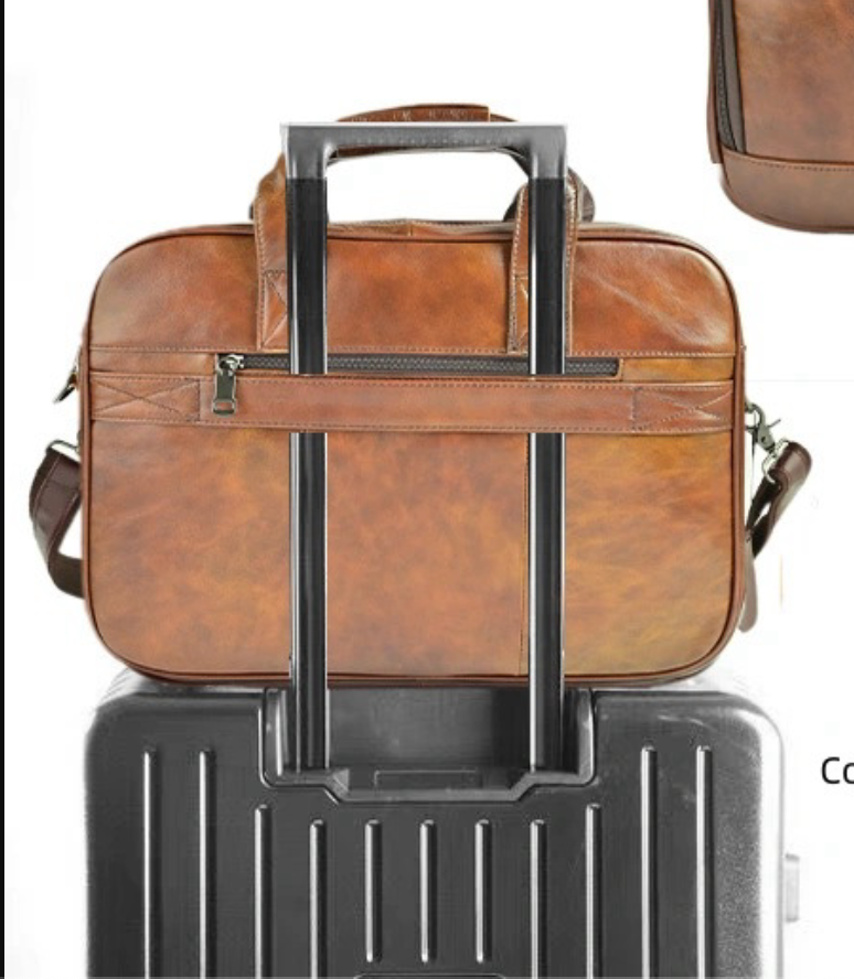 Men's Genuine Leather Office Bag With Trolley Strap