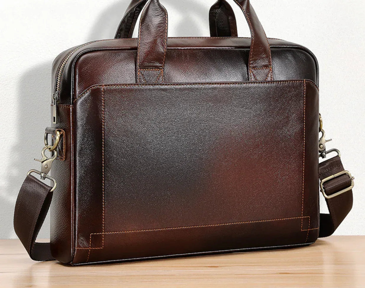 Men's Genuine Leather Office Bag Briefcase with Shoulder Strap