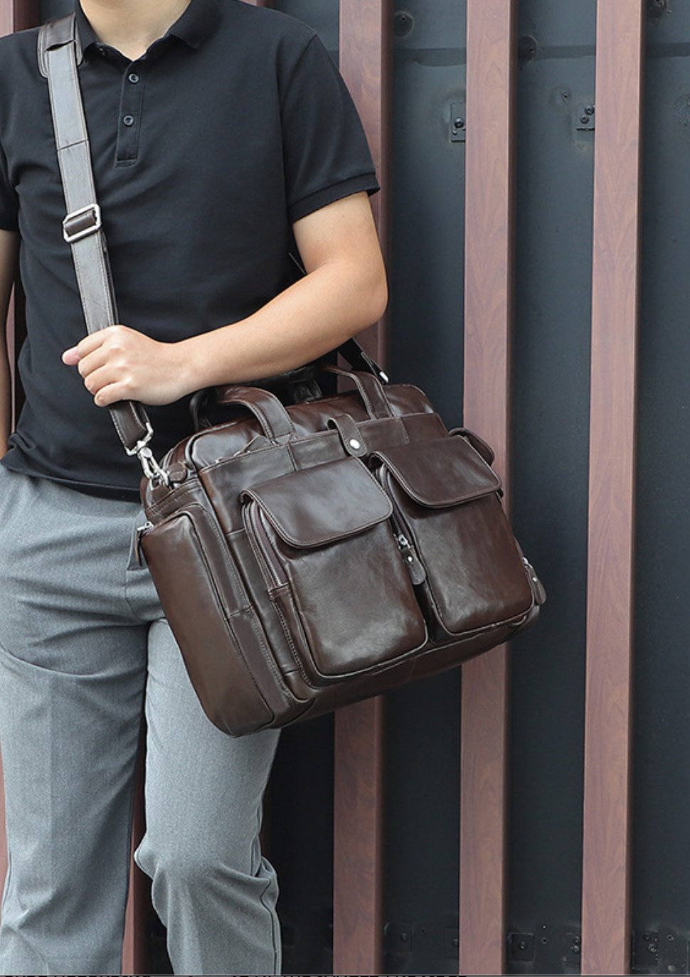 Genuine Leather Office Briefcase Laptop Bag with Trolley Sleeve for Men