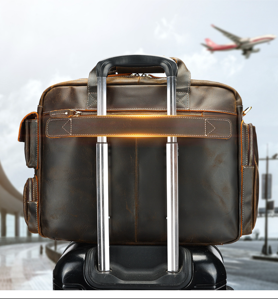 Genuine Leather Office Bag with Trolley Strap