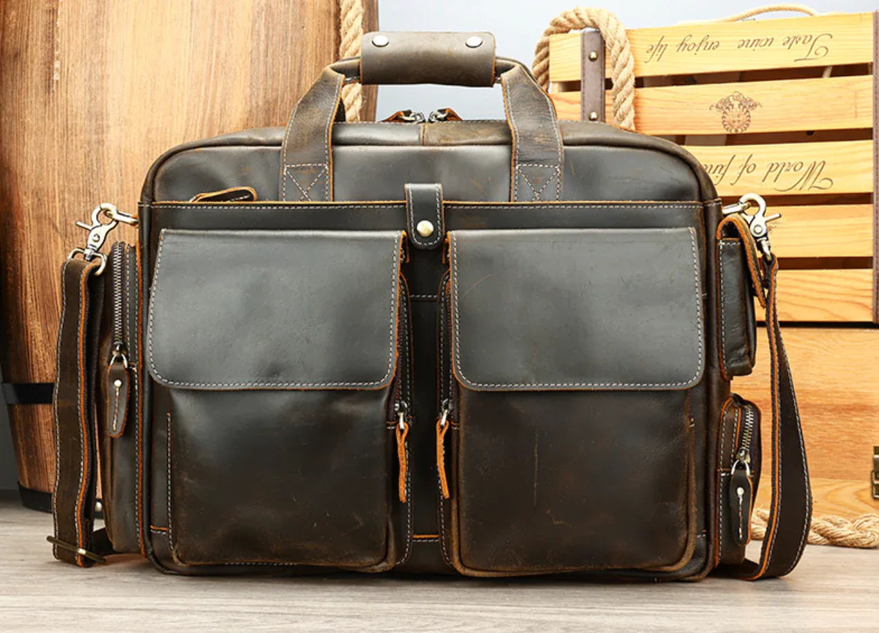 Genuine Leather Office Bag with Trolley Strap