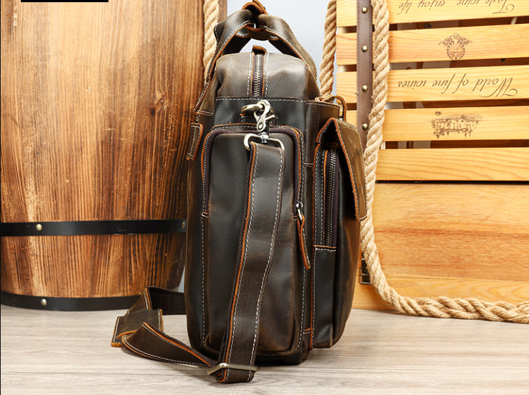 Genuine Leather Office Bag with Trolley Strap