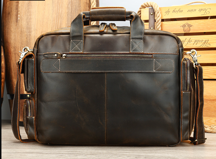 Genuine Leather Office Bag with Trolley Strap
