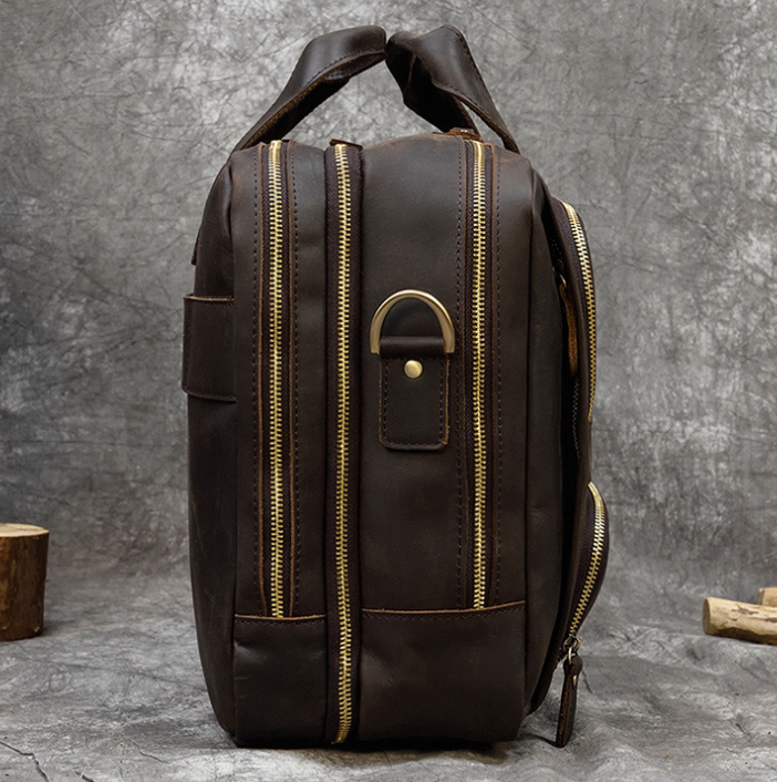 Genuine Leather Office Laptop Bag with Trolley Sleeve