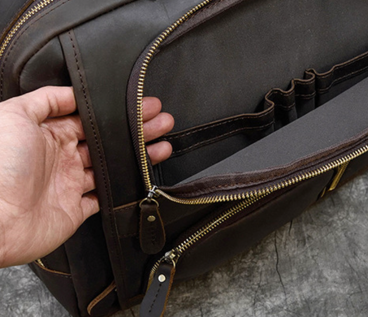 Genuine Leather Office Laptop Bag with Trolley Sleeve