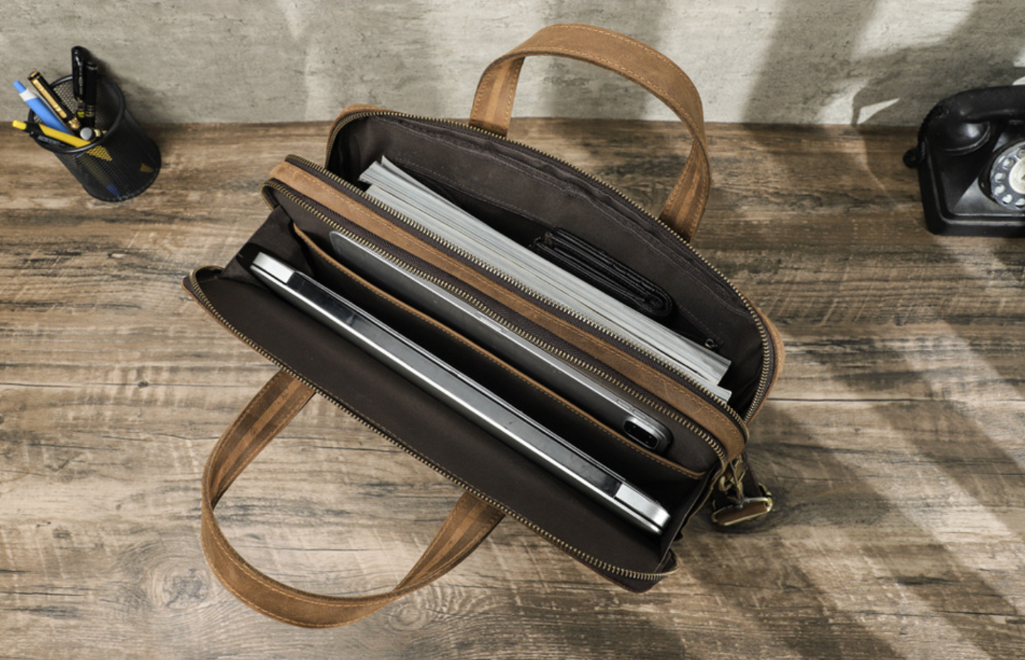 Men Leather Office Briefcase with Trolley Sleeve