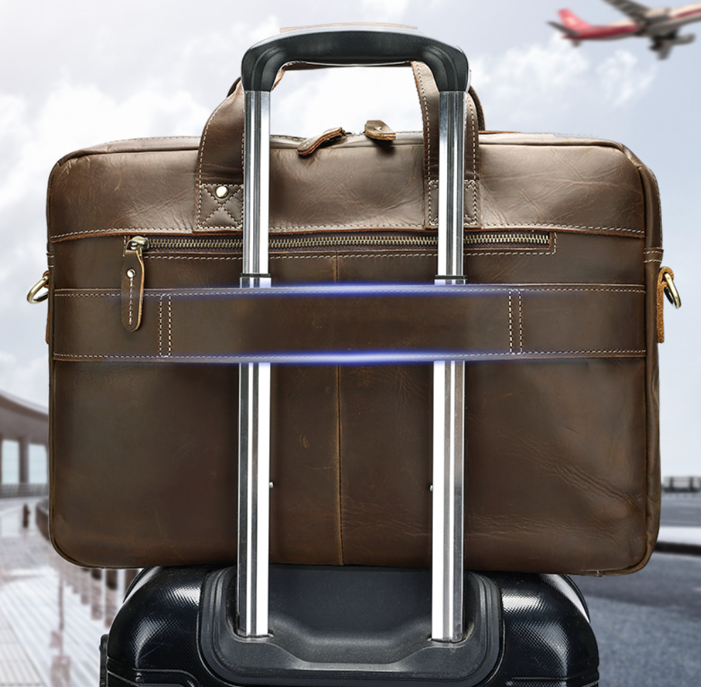 Genuine Leather Laptop Office Bag Briefcase with Trolley Sleeve