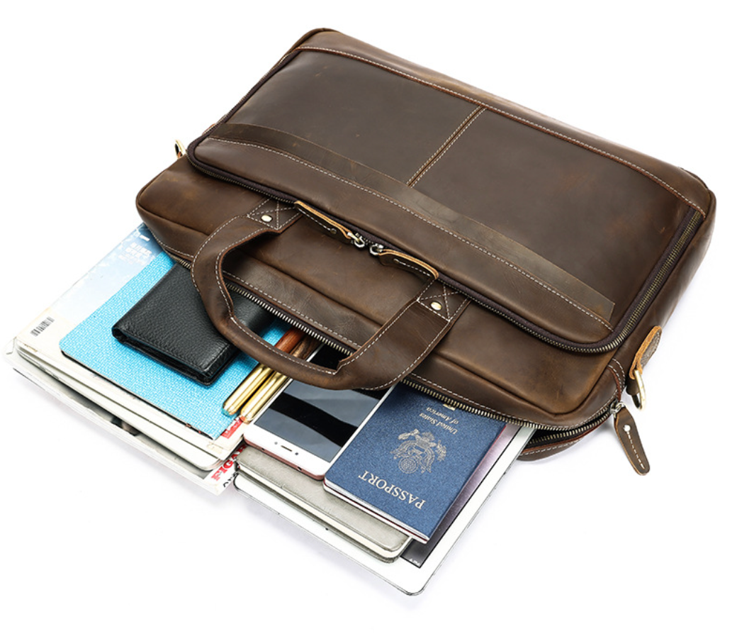 Genuine Leather Laptop Office Bag Briefcase with Trolley Sleeve