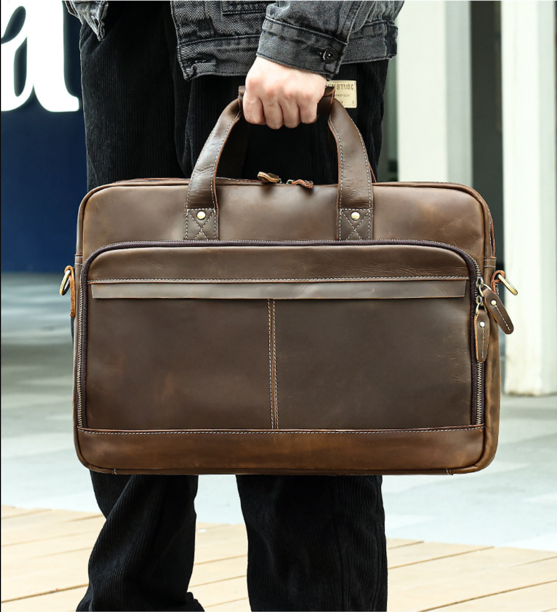 Genuine Leather Laptop Office Bag Briefcase with Trolley Sleeve