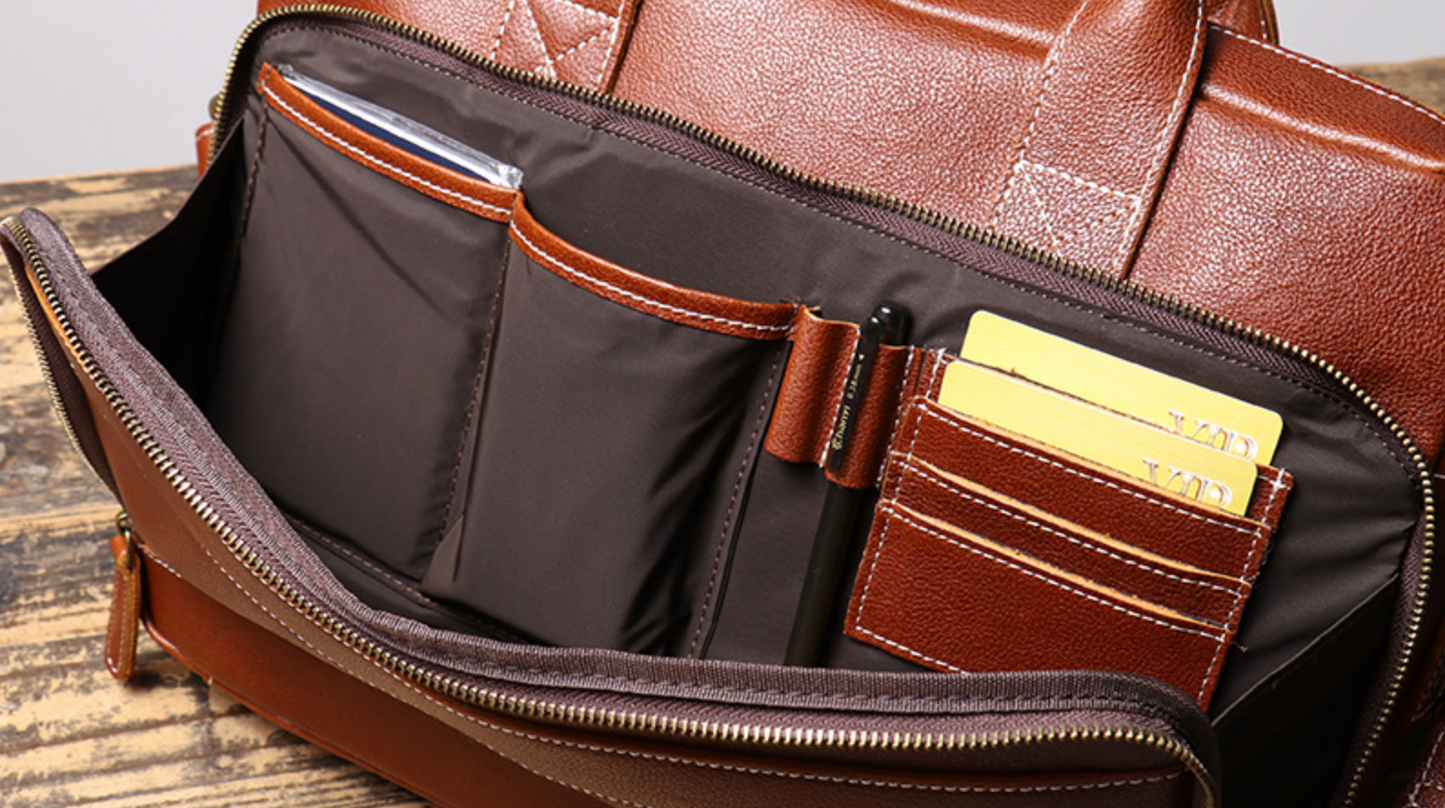 Leather Travel Office Bag with Trolley Strap