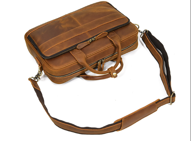 Men's Genuine Leather Travel Office Bag with Trolley Strap