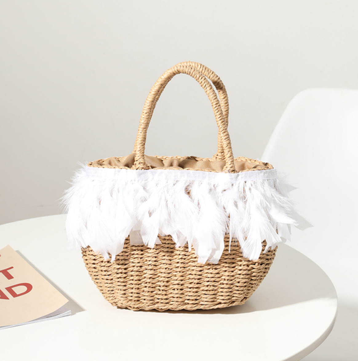 Woven Feather Straw Beach Bag White Fringe