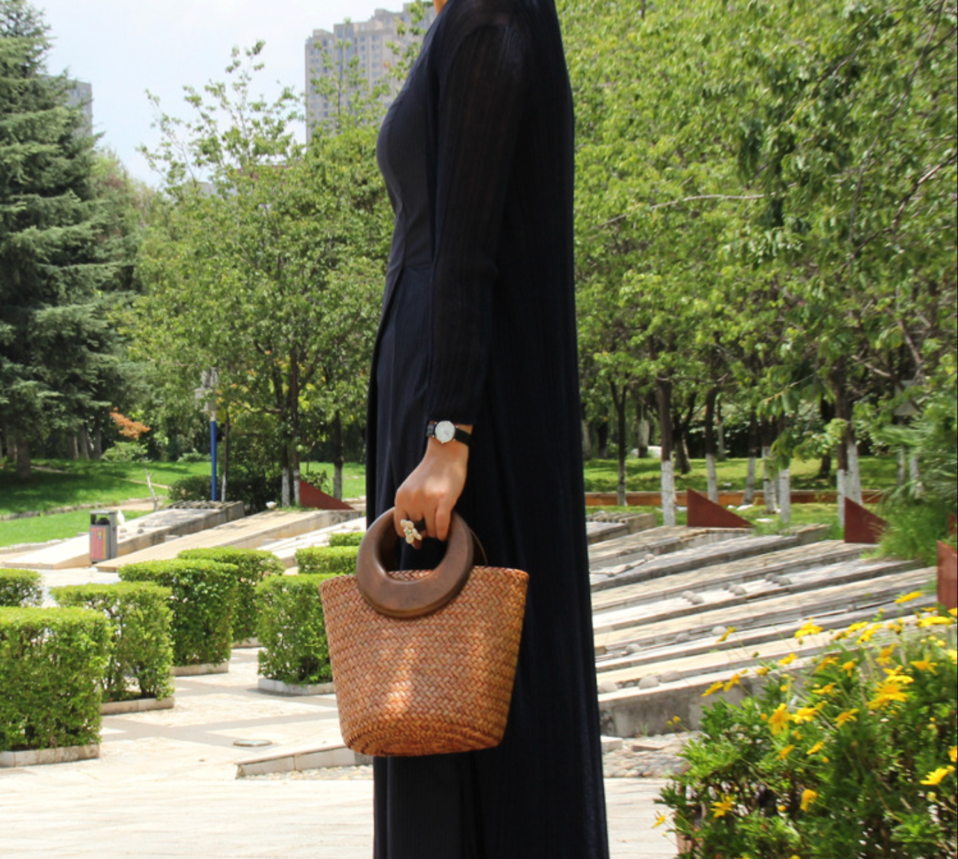 Woven Rattan Straw Tote Bag with Wooden Handle