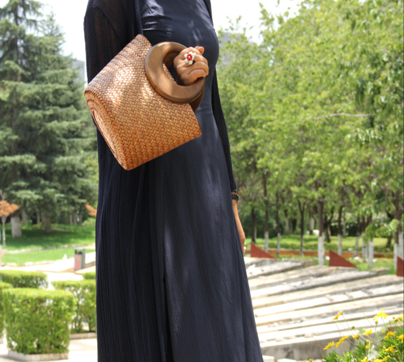 Woven Rattan Straw Tote Bag with Wooden Handle