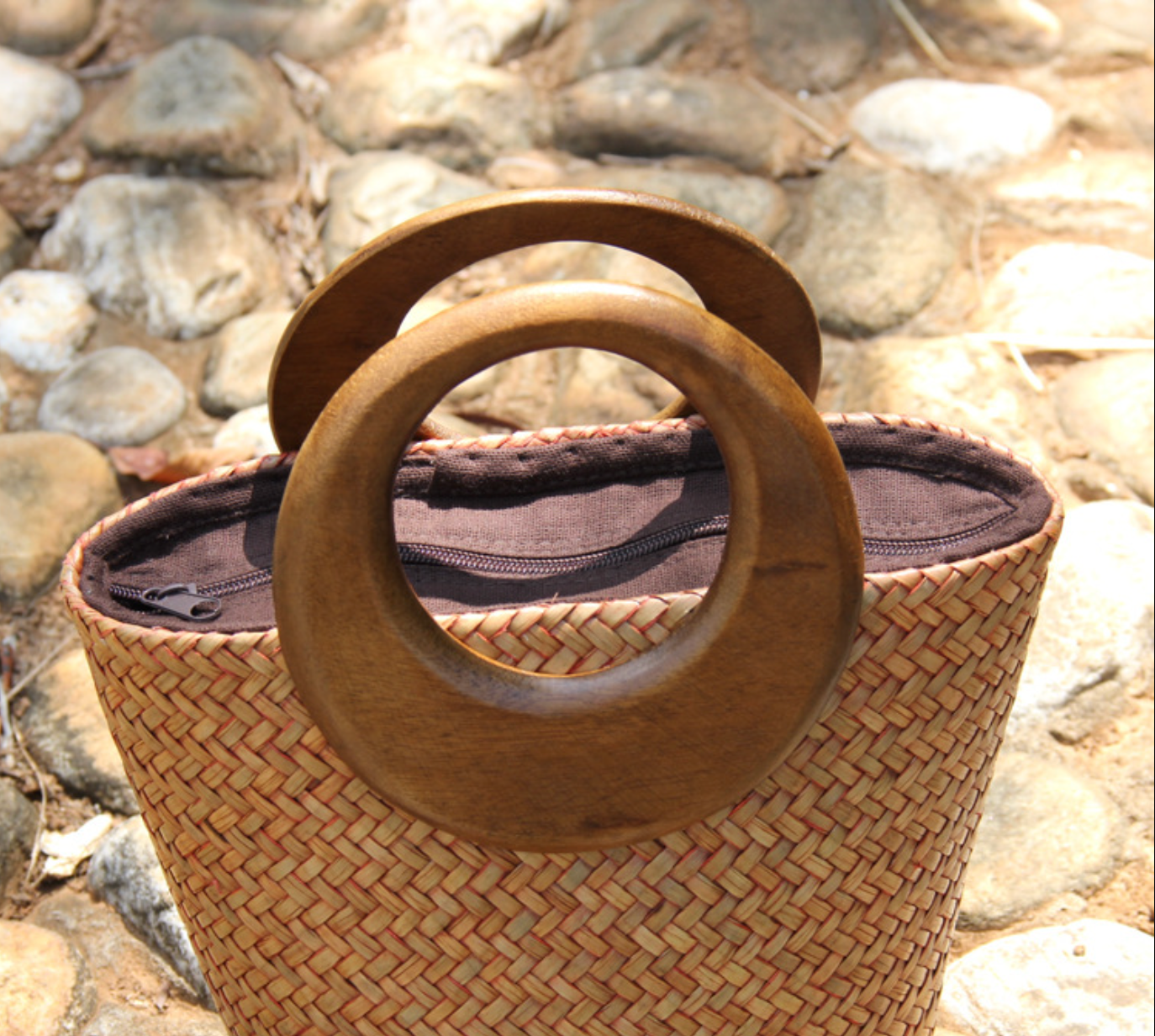 Woven Rattan Straw Tote Bag with Wooden Handle