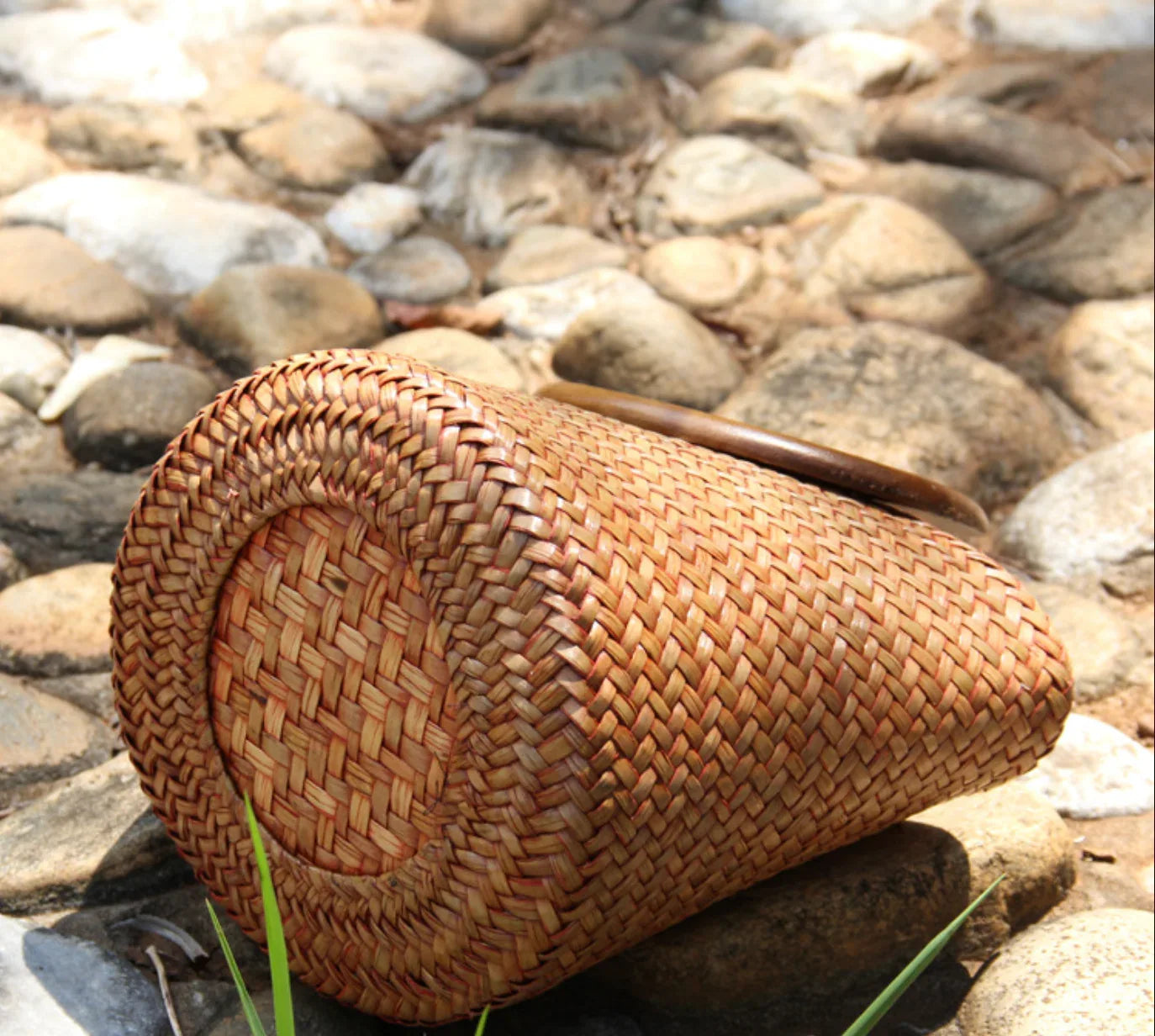 Woven Rattan Straw Tote Bag with Wooden Handle