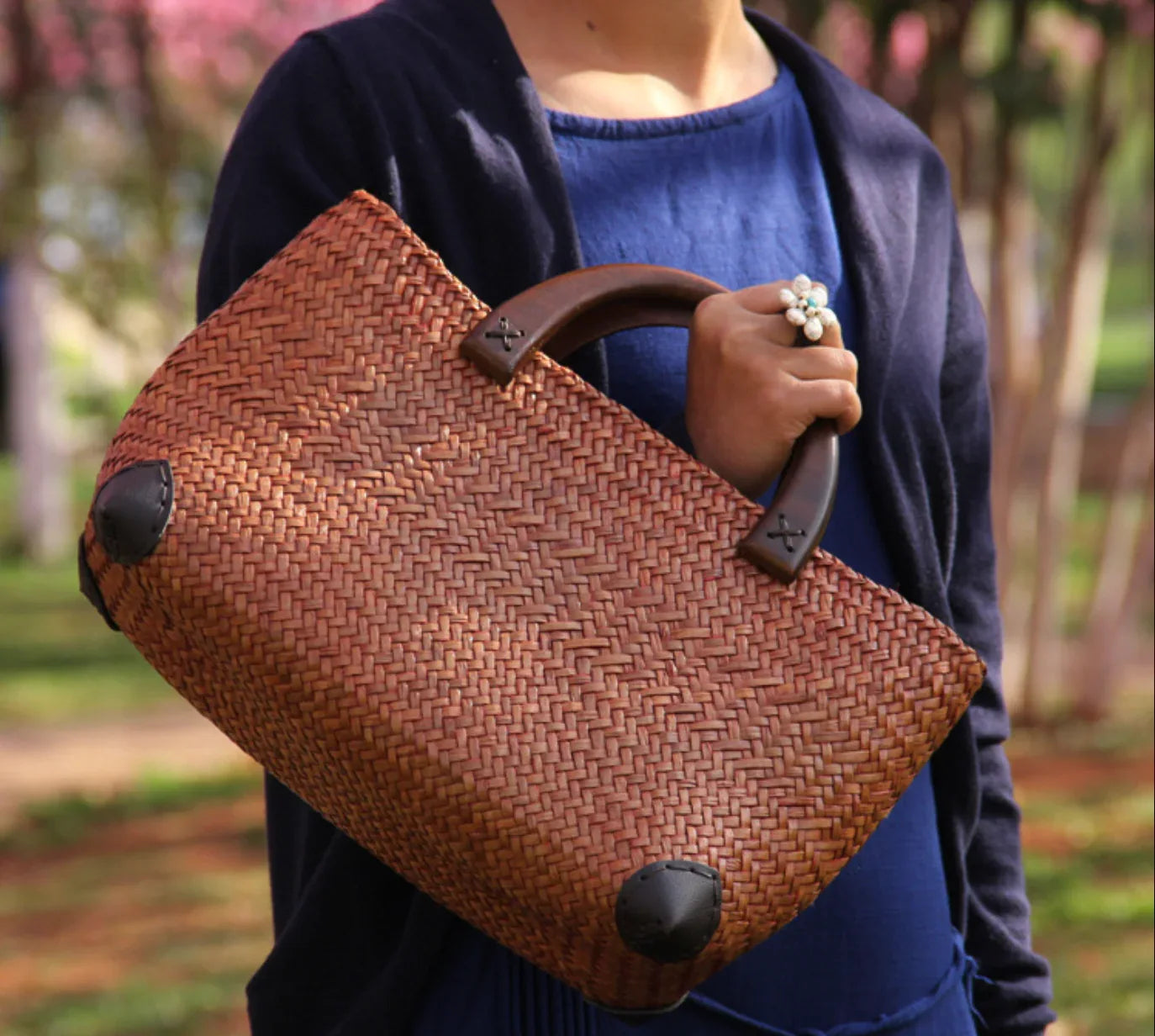 Woven Straw Rattan Handbag with Wooden Handles and Leather Corners