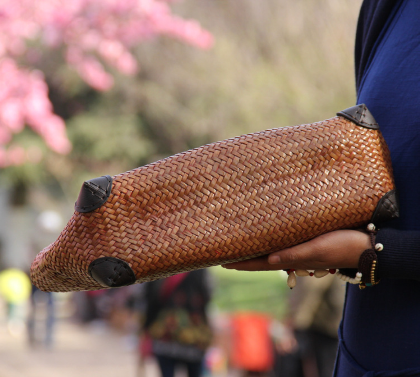 Woven Straw Rattan Handbag with Wooden Handles and Leather Corners