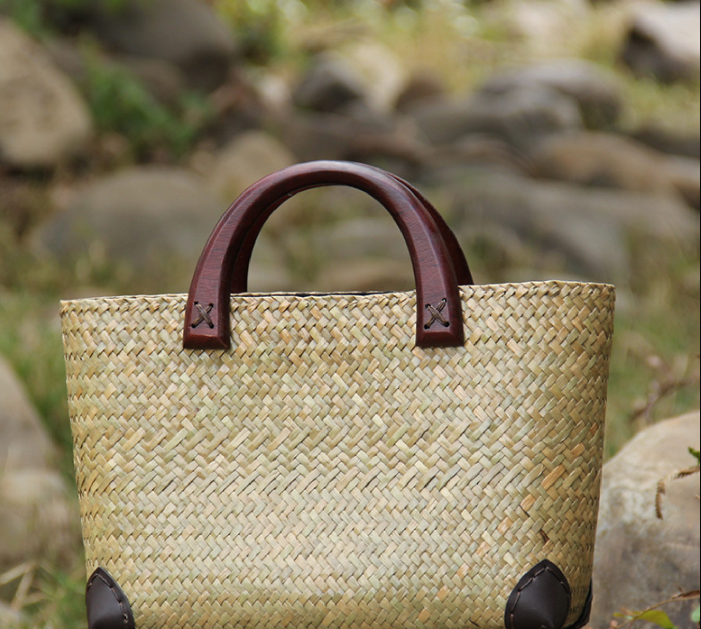 Woven Straw Rattan Handbag with Wooden Handles and Leather Corners