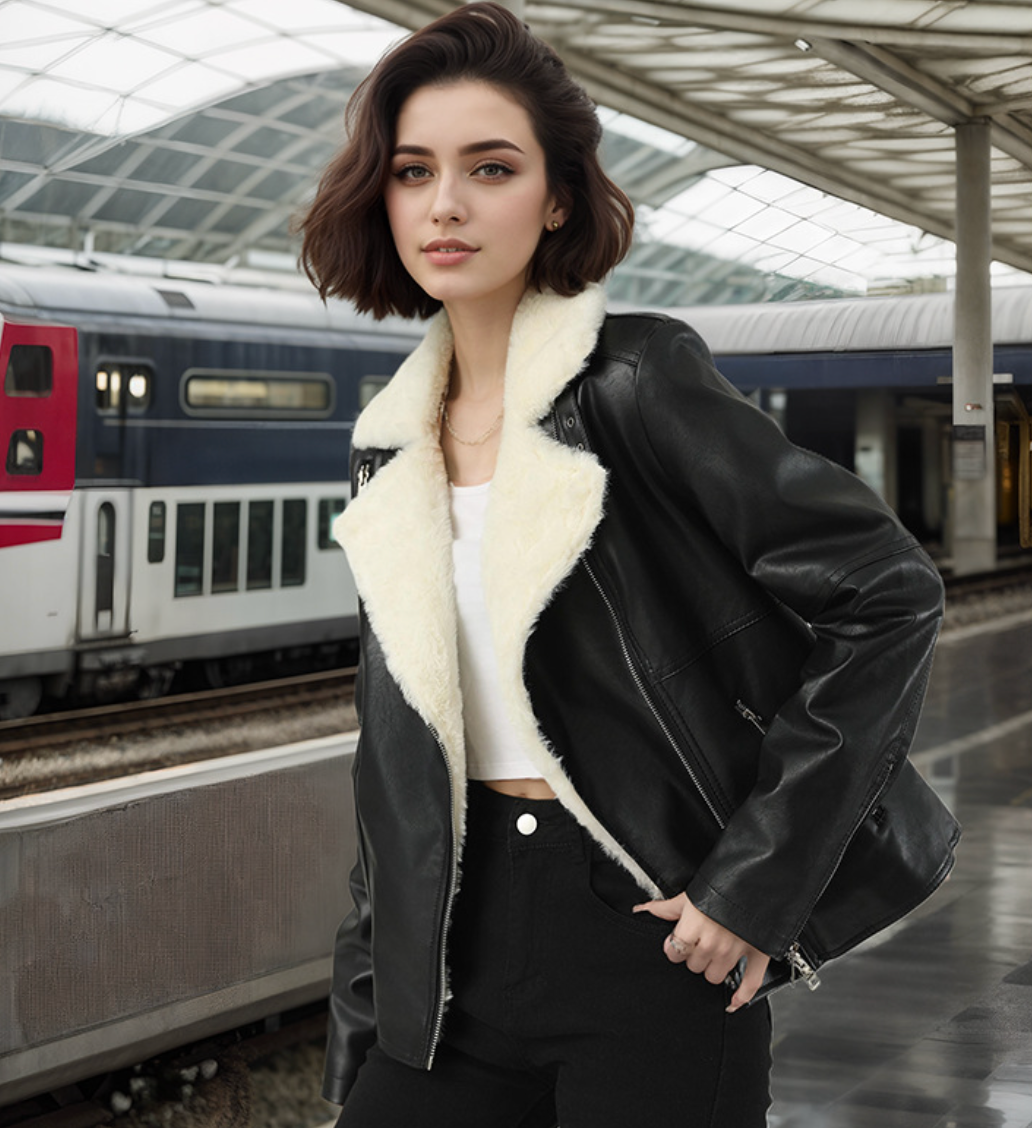 Women Faux Leather Moto Biker Jacket with White Fur Lining