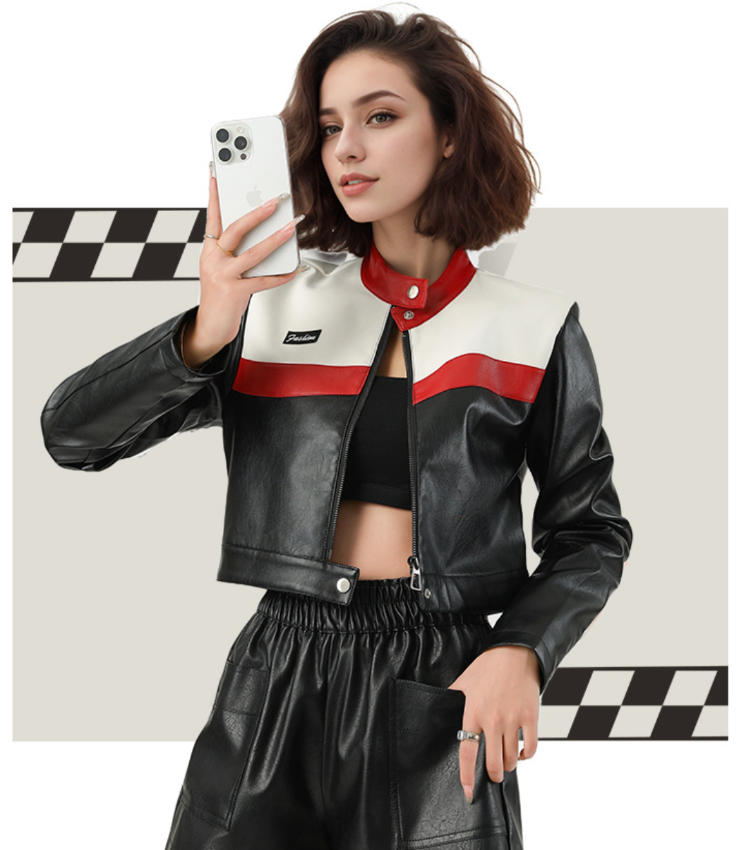 Faux Leather Biker Jacket with Red Stripe and Stand Collar