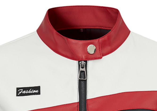 Faux Leather Biker Jacket with Red Stripe and Stand Collar