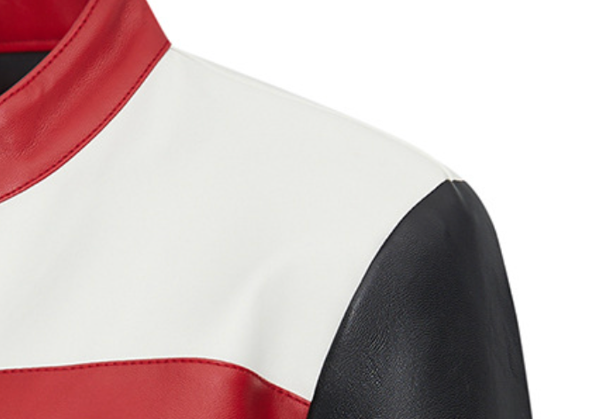 Faux Leather Biker Jacket with Red Stripe and Stand Collar