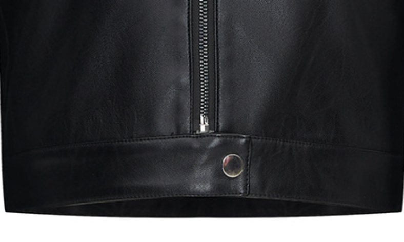 Faux Leather Biker Jacket with Red Stripe and Stand Collar