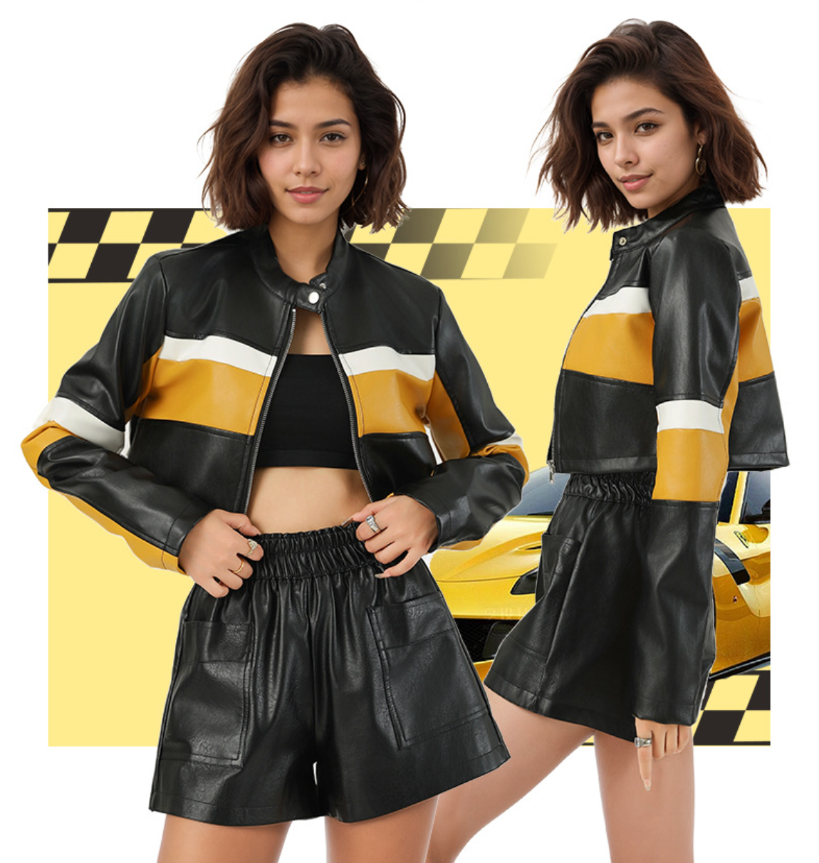 Cropped Faux Leather Moto Biker Jacket for Women