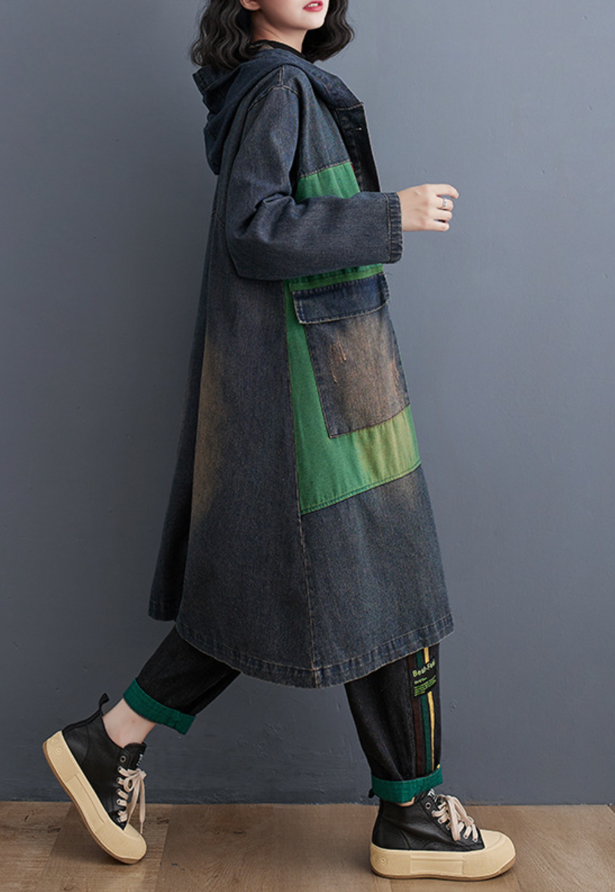Hooded Oversized Denim Trench Coat for Women