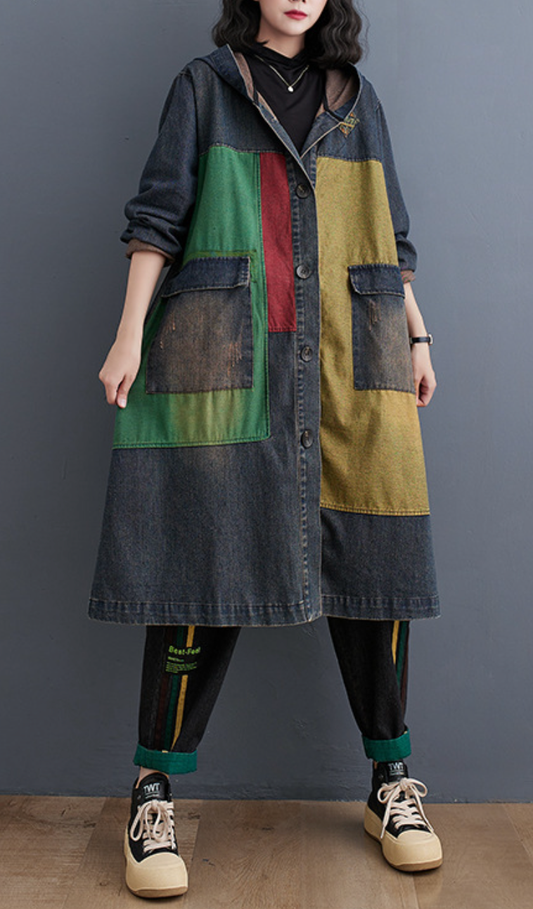 Hooded Oversized Denim Trench Coat for Women