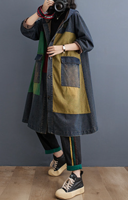 Hooded Oversized Denim Trench Coat for Women
