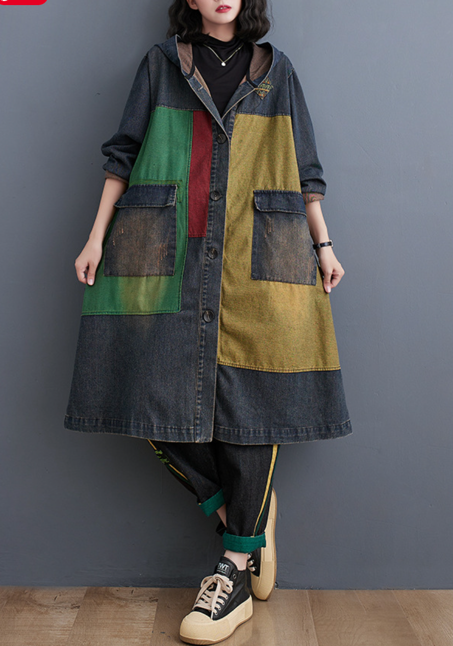 Hooded Oversized Denim Trench Coat for Women