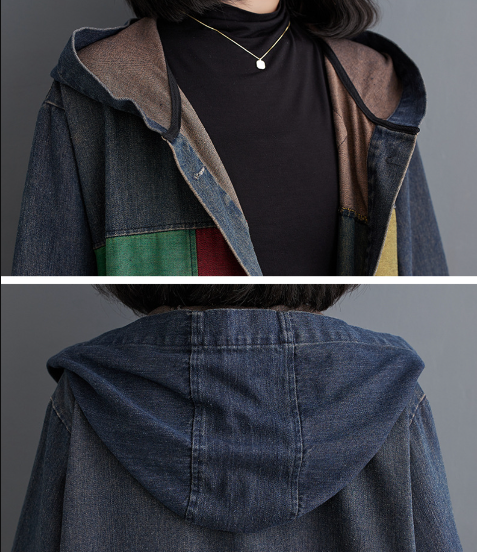 Hooded Oversized Denim Trench Coat for Women
