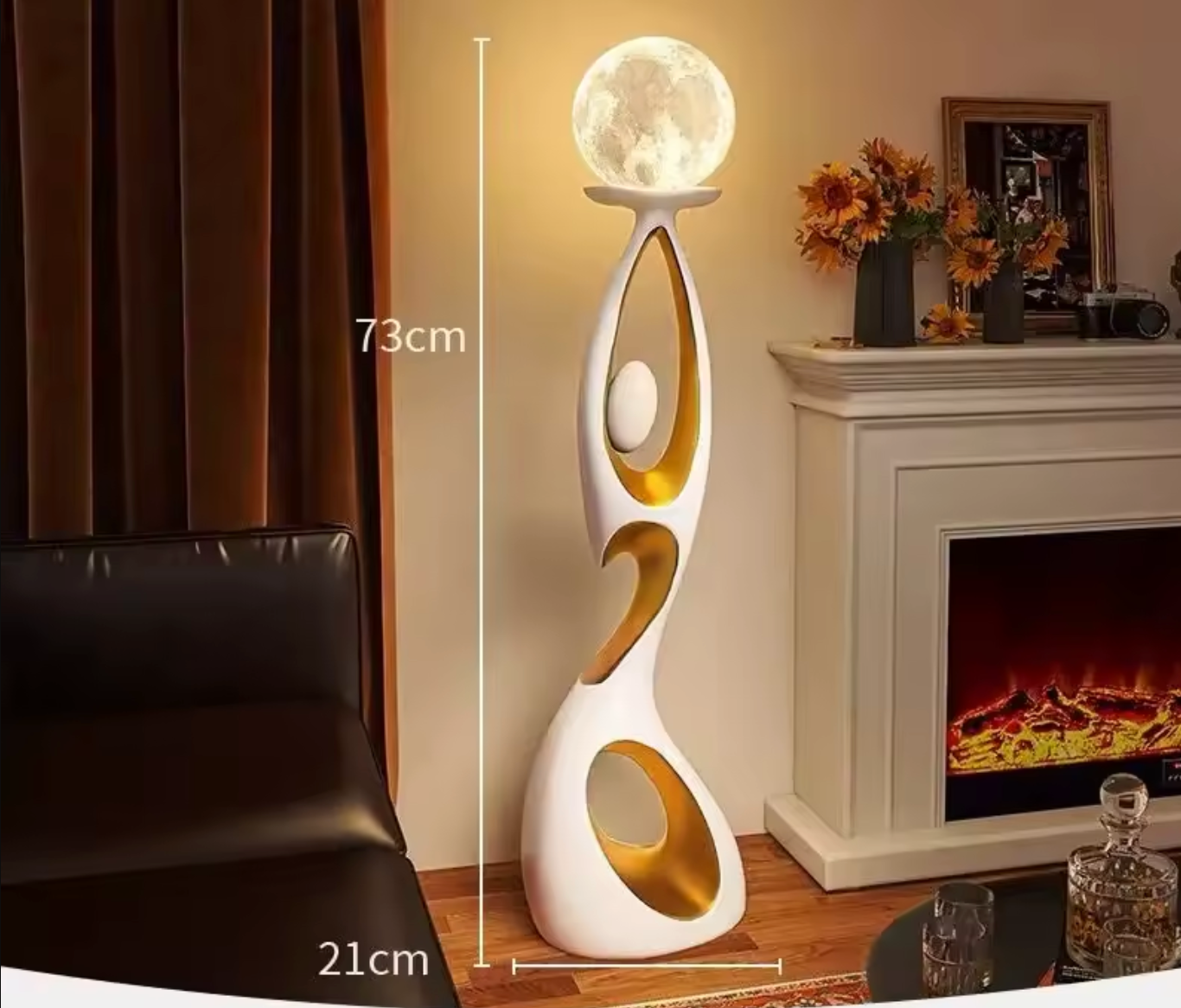 Artistic Resin Standing Light Sculptural Black and Gold Moon Floor Lamp