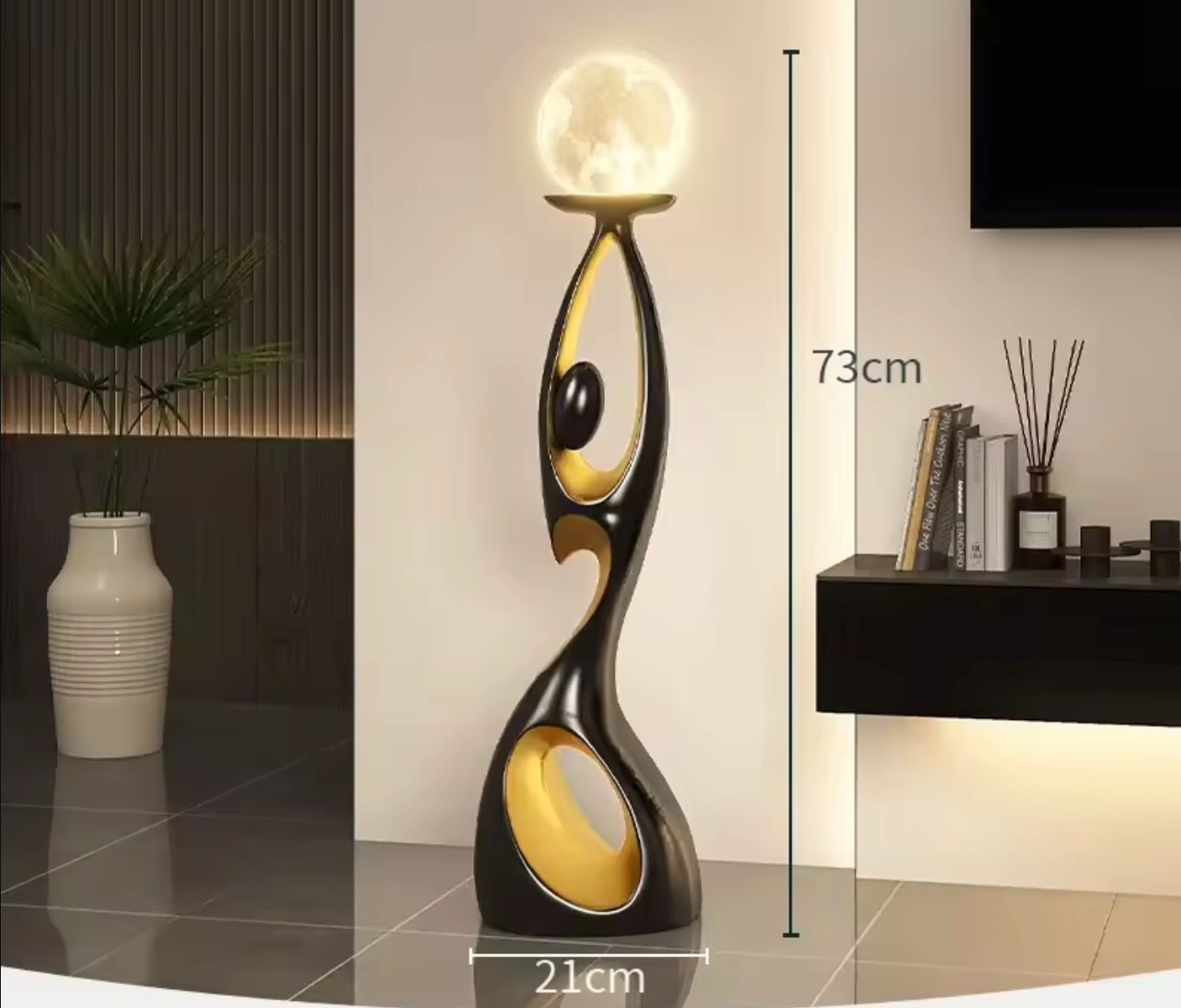 Artistic Resin Standing Light Sculptural Black and Gold Moon Floor Lamp