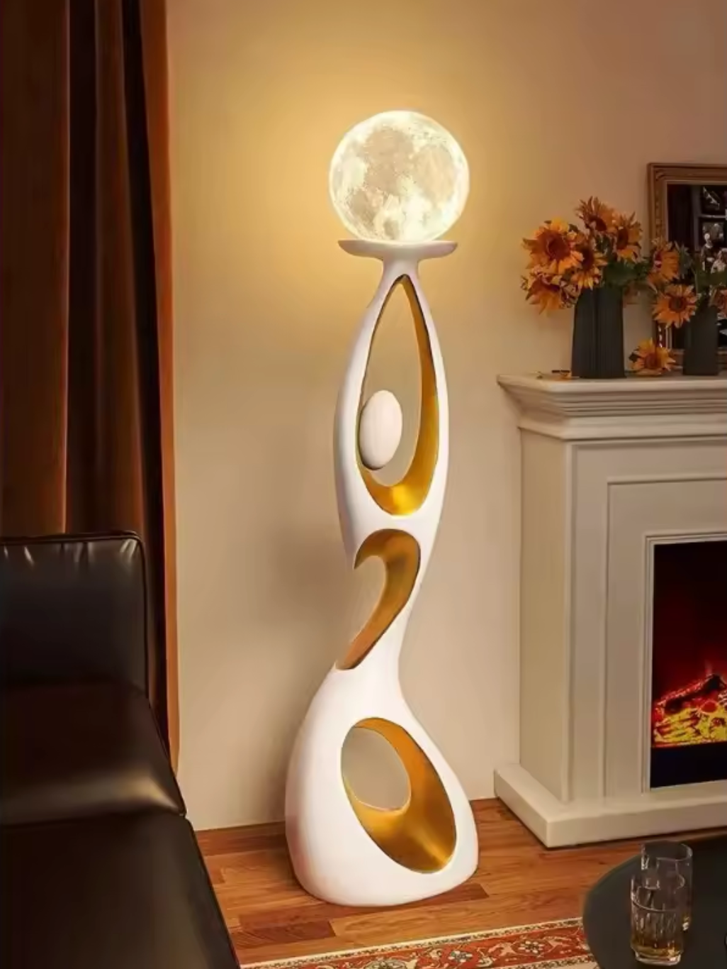 Artistic Resin Standing Light Sculptural Black and Gold Moon Floor Lamp
